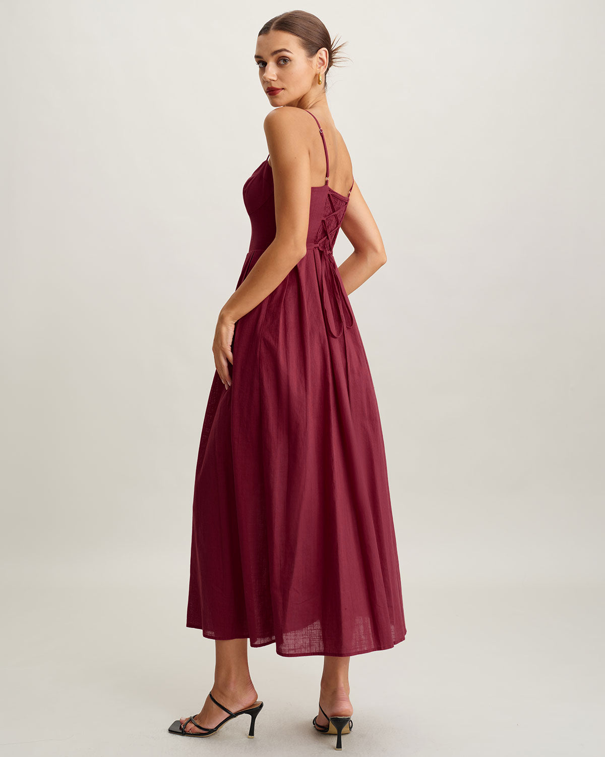 Rihoas Sweetheart Neck Bustier Midi Dress in A Linen-Blend | Burgundy Spaghetti Strap A-Line Dress, Red / XL Rihoas Sweetheart Neck Bustier Midi Dress in A Linen-Blend | Burgundy Spaghetti Strap A-Line Dress, Red / XL