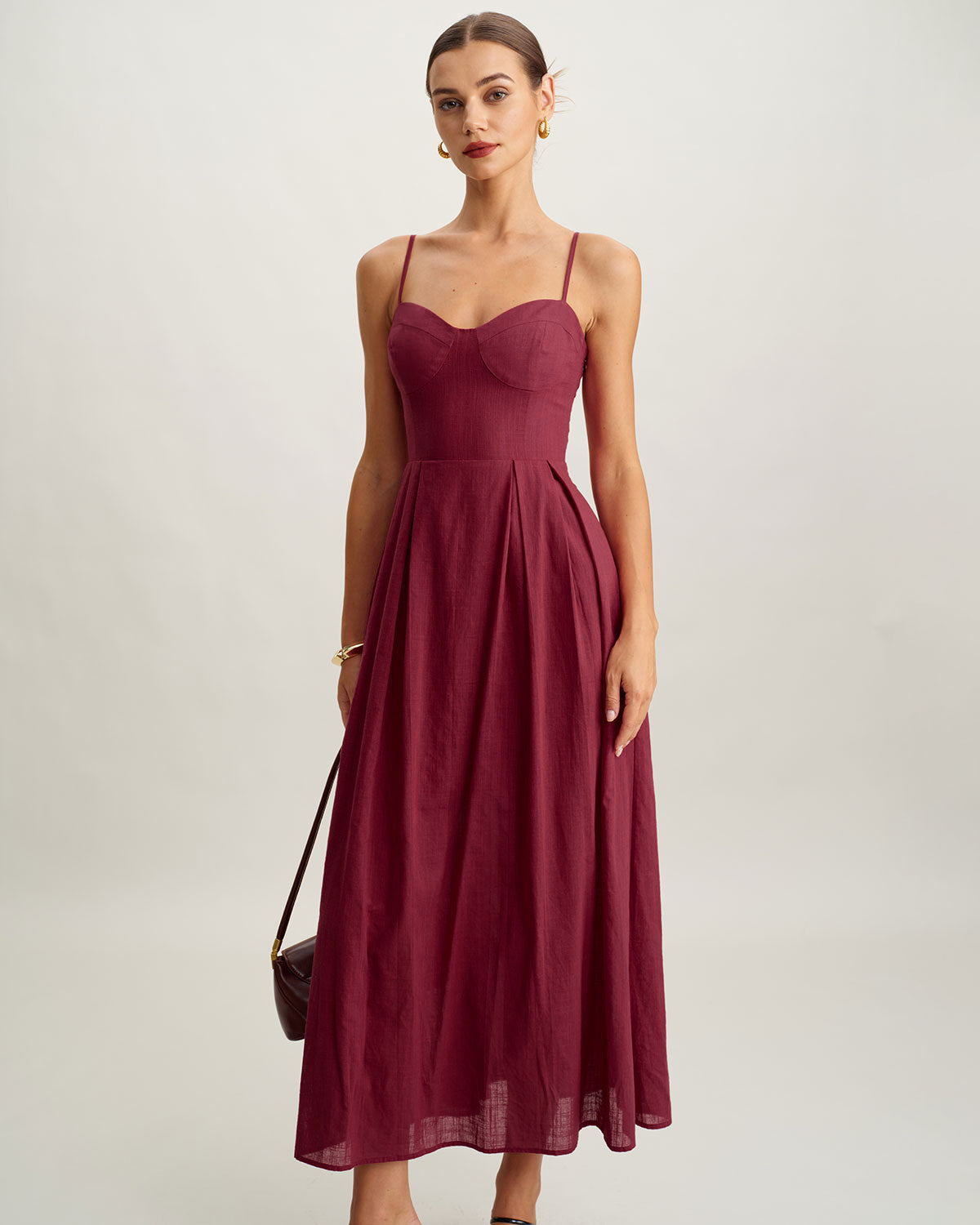 Rihoas Sweetheart Neck Bustier Midi Dress in A Linen-Blend | Burgundy Spaghetti Strap A-Line Dress, Red / XL Rihoas Sweetheart Neck Bustier Midi Dress in A Linen-Blend | Burgundy Spaghetti Strap A-Line Dress, Red / XL