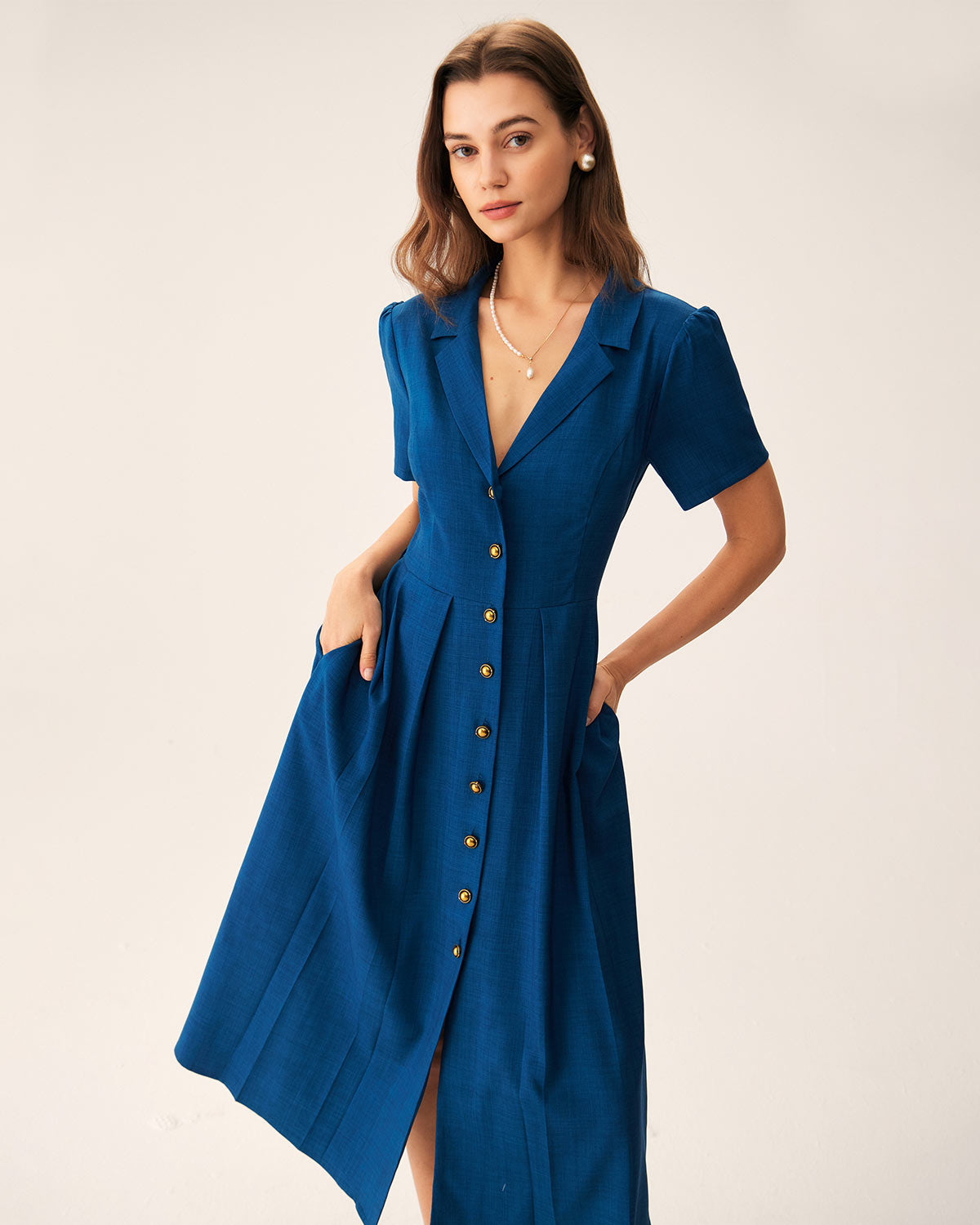 Blue V Neck Pleated Button Midi Dress & Reviews - Blue