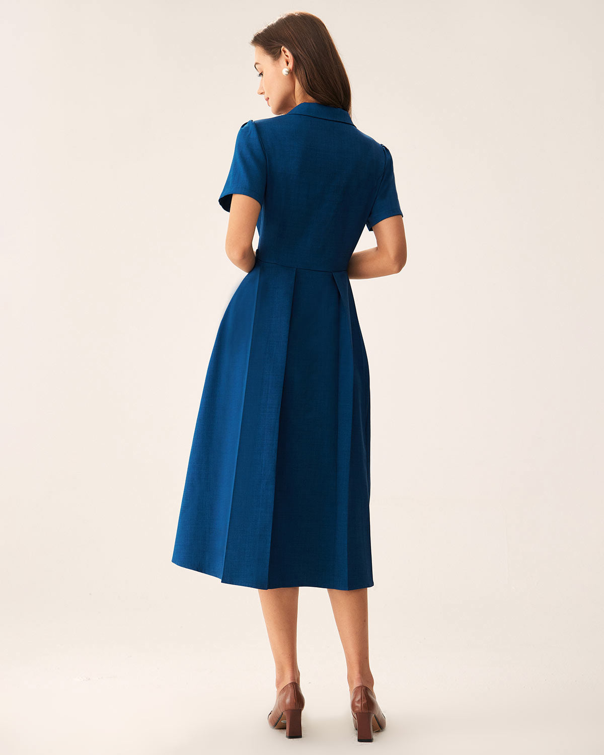 Blue V Neck Pleated Button Midi Dress & Reviews - Blue