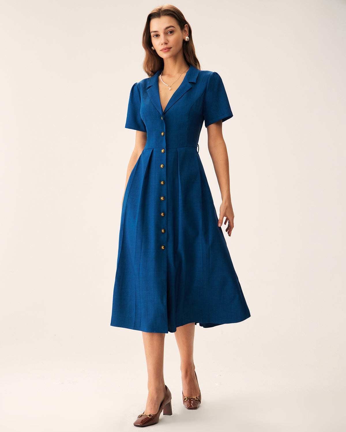Rihoas Blue A-Line Tea Dress with a Button-Front | Vintage-Style Midi Dress for Work & Parties, Blue / XS Rihoas Blue A-Line Tea Dress with a Button-Front | Vintage-Style Midi Dress for Work & Parties, Blue / XS