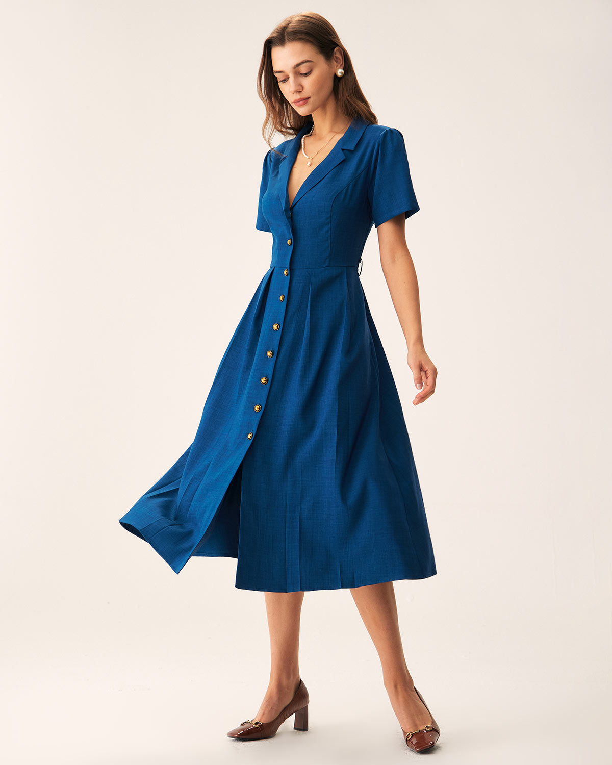 Blue V Neck Pleated Button Midi Dress & Reviews - Blue