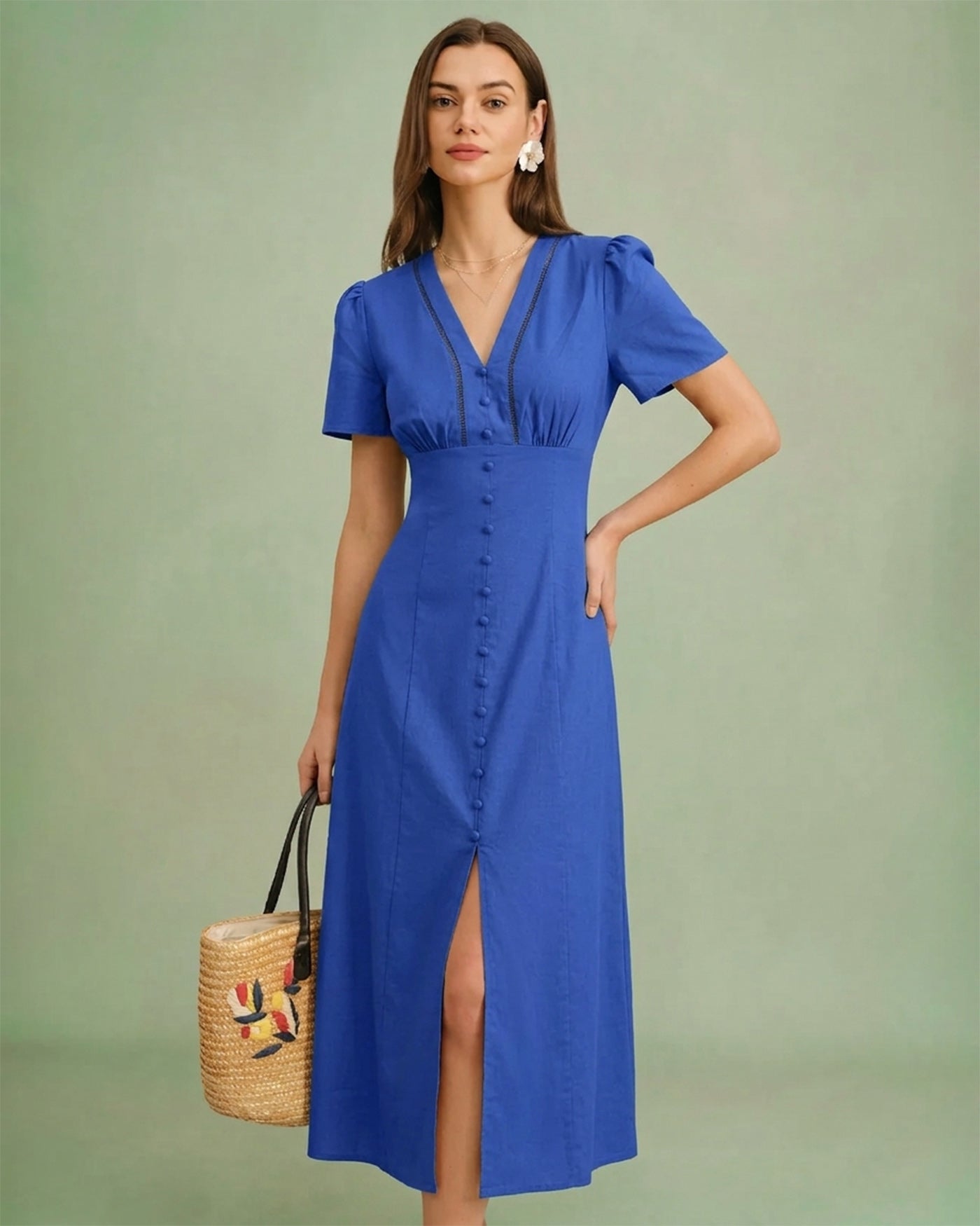 Women's Woven Cotton Midi Dress Blue Dresses - RIHOAS