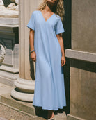 Women's  Woven Cotton Midi Dress Blue Dresses - RIHOAS