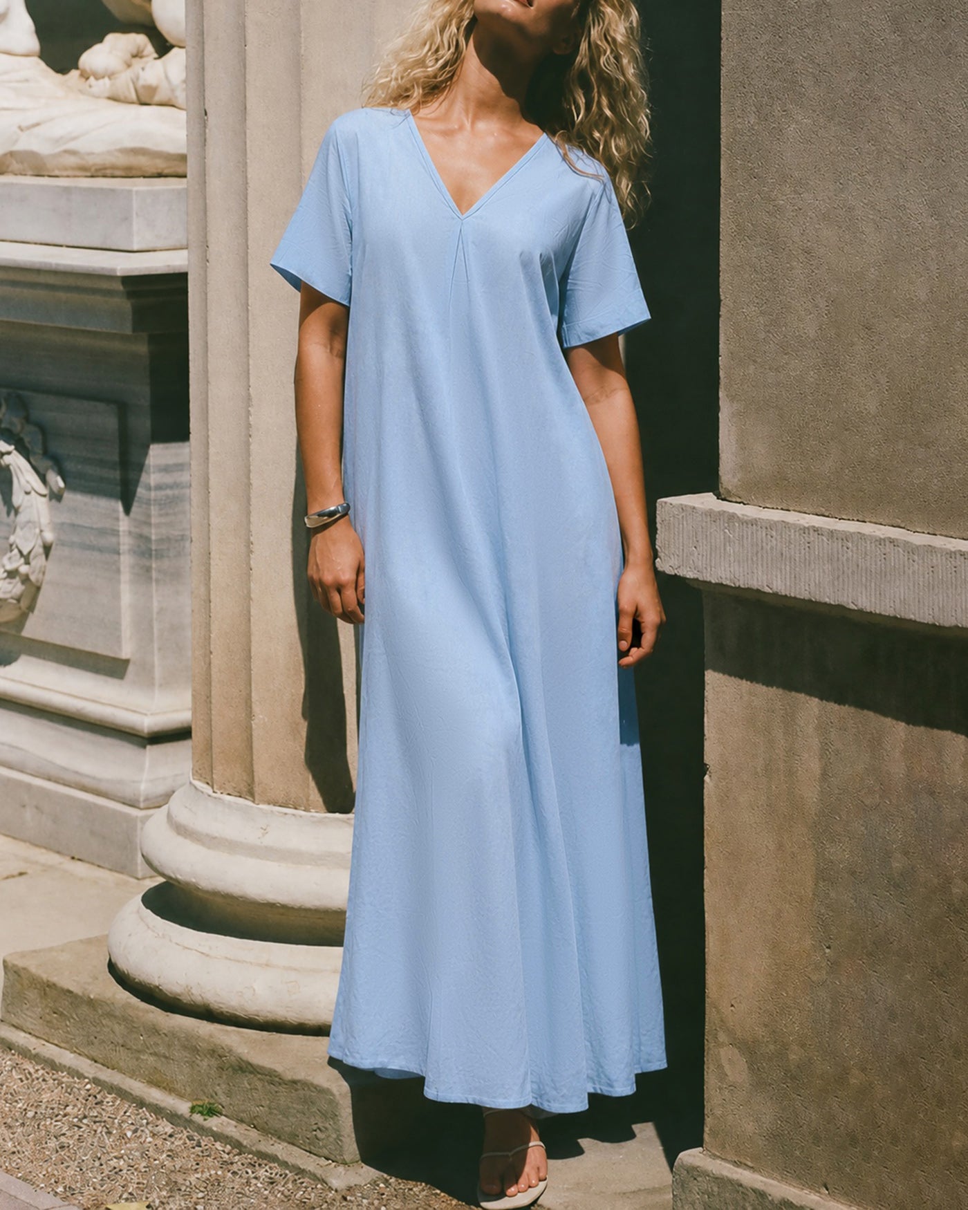Women's  Woven Cotton Midi Dress Blue Dresses - RIHOAS