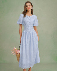 Women's Woven Cotton Midi Dress Blue Dresses - RIHOAS