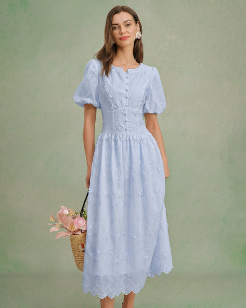 Blue Floral Textured Midi Dress & Reviews - Blue - Dresses | RIHOAS