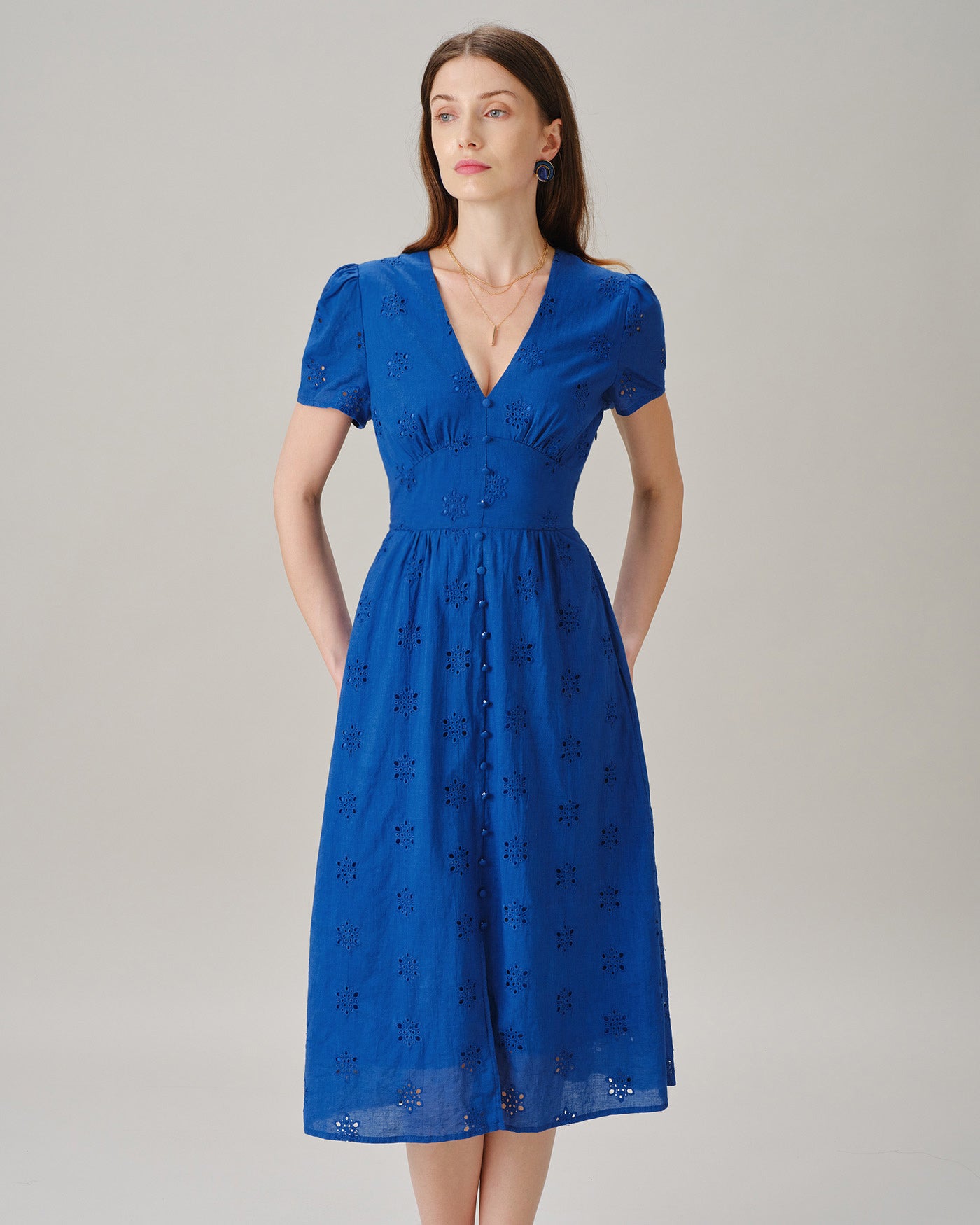 Blue V Neck Puffed Sleeve Slit Midi Dress