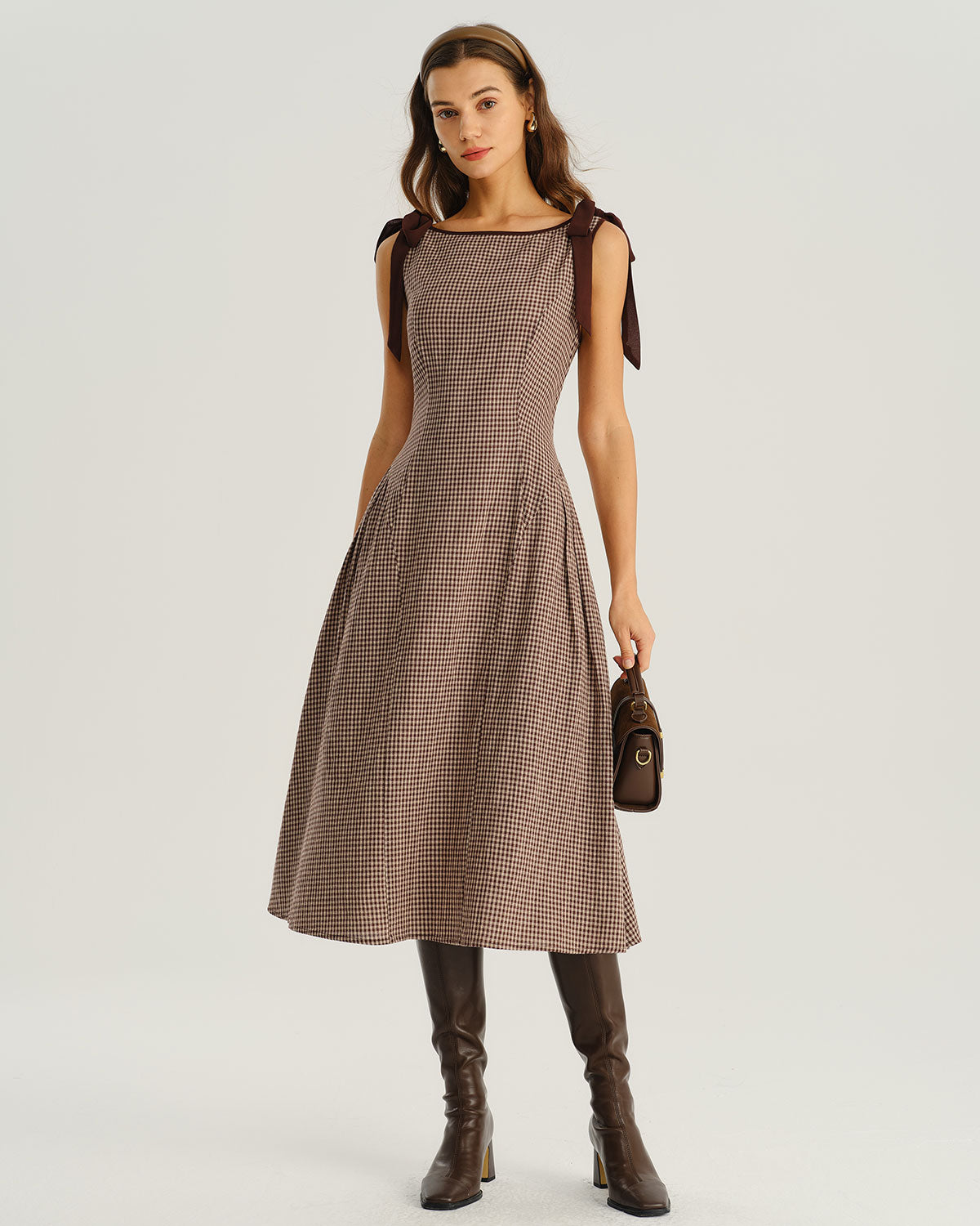 Brown Plaid Boat Neck A-Line Midi Dress & Reviews - Brown - Dresses | RIHOAS Brown Plaid Boat Neck A-Line Midi Dress & Reviews - Brown - Dresses | RIHOAS
