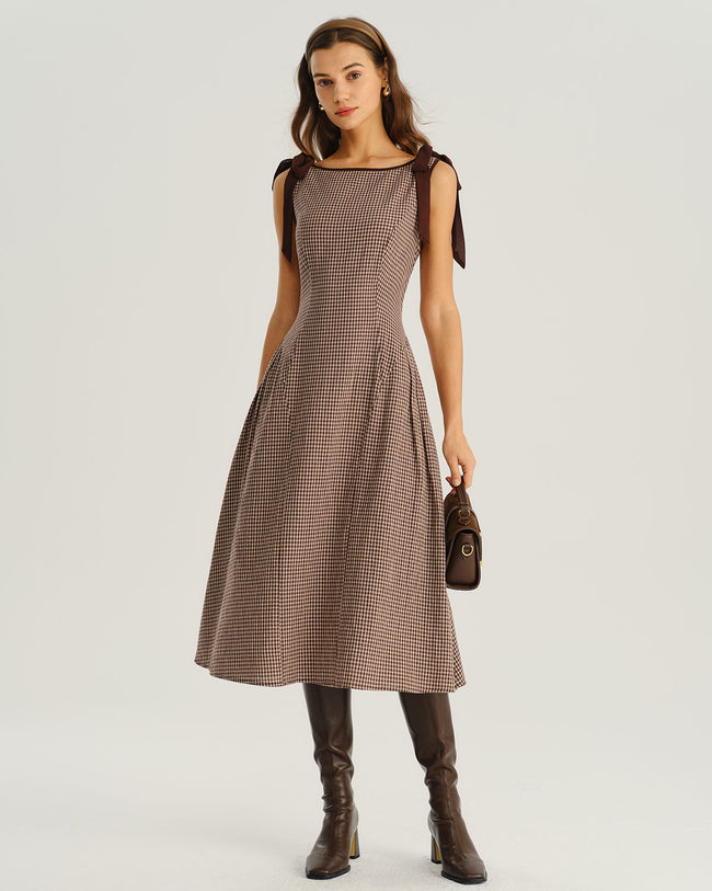 Women's Woven Cotton Midi Dress Brown Dresses - RIHOAS