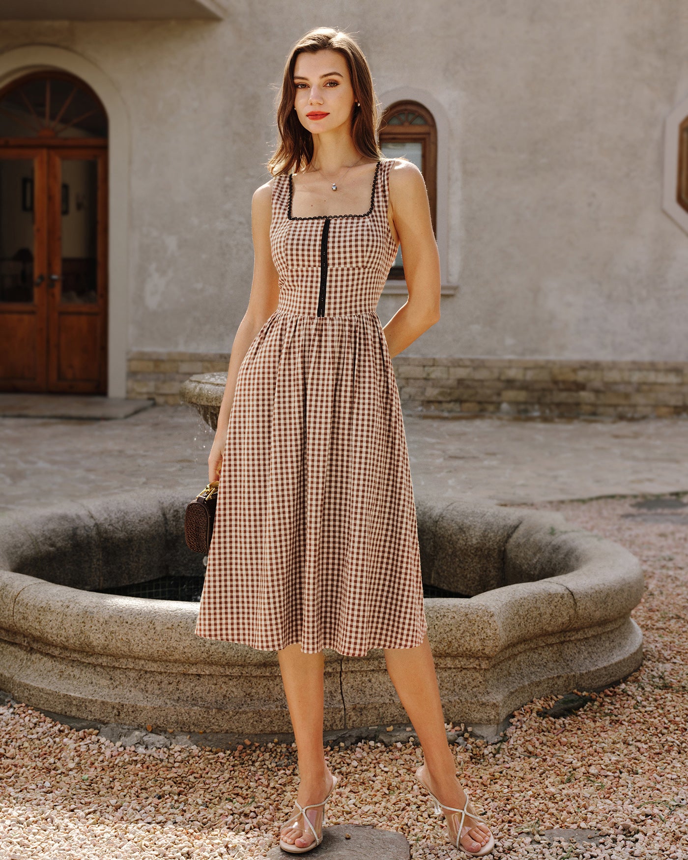 Rihoas Cotton Gingham Plaid Square Neck Midi Dress