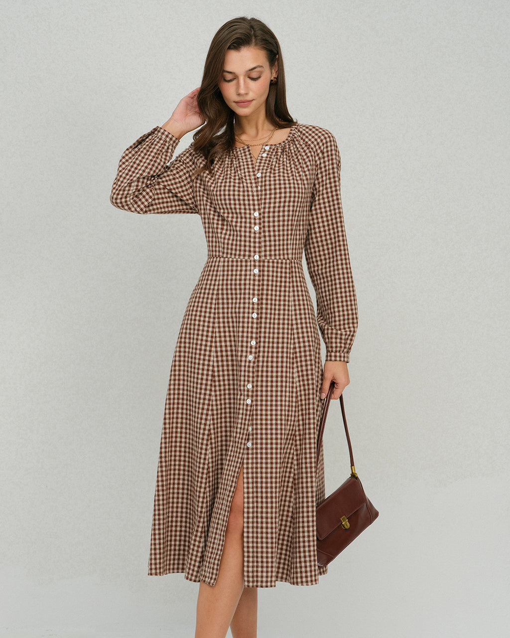 Women's Woven Cotton Midi Dress Brown Dresses - RIHOAS