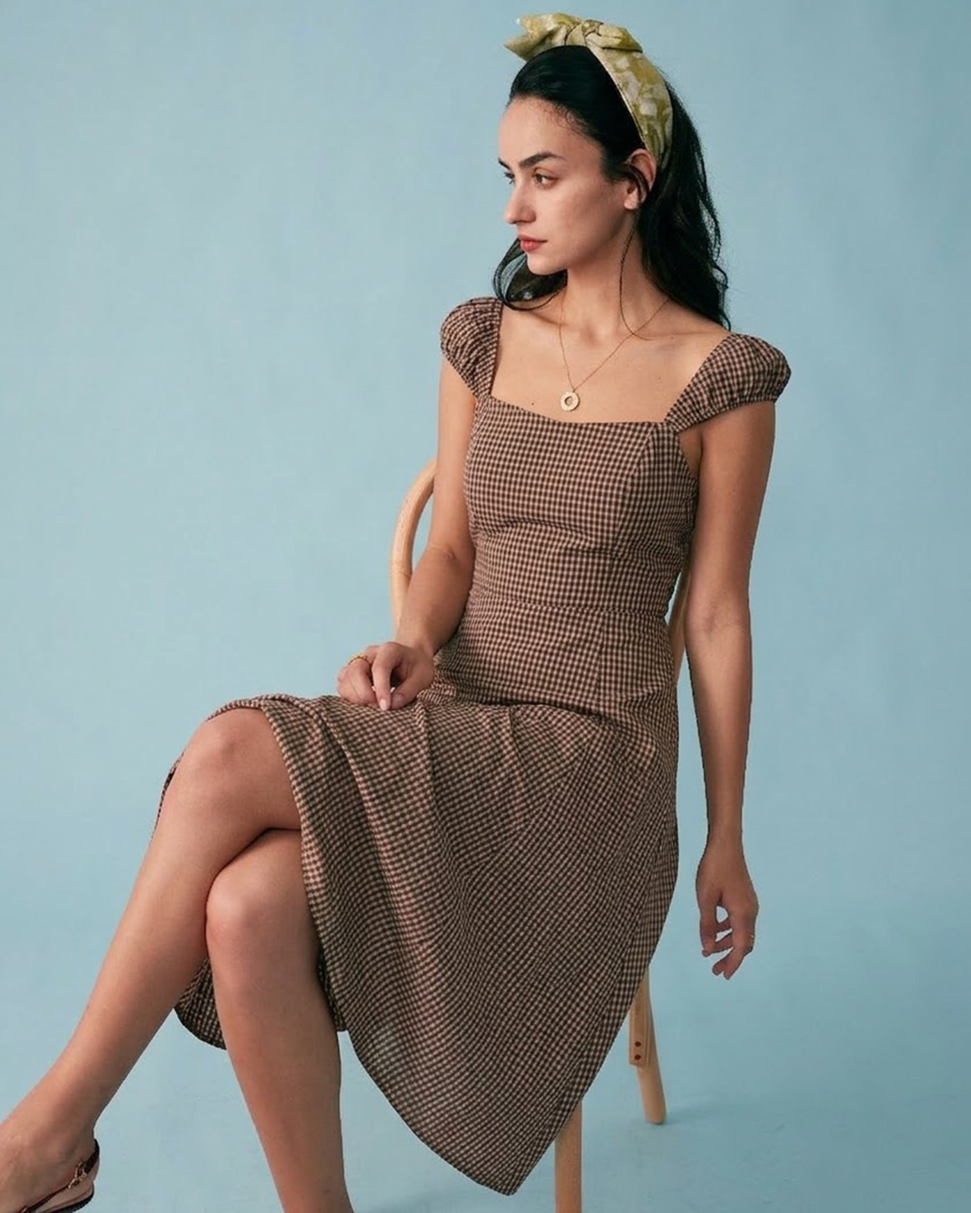 midi brown dress women Brown Plaid Sweetheart Neck Midi Dress