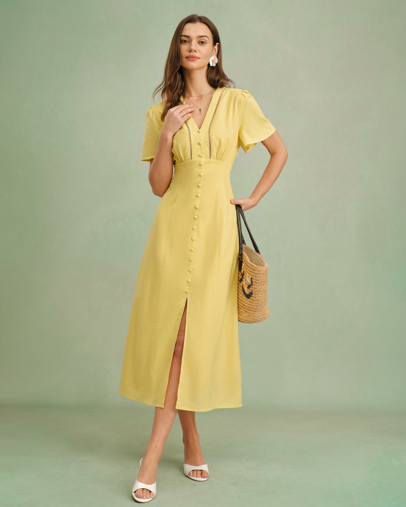 Yellow V Neck Button Midi Dress Yellow V Neck Button Midi Dress
