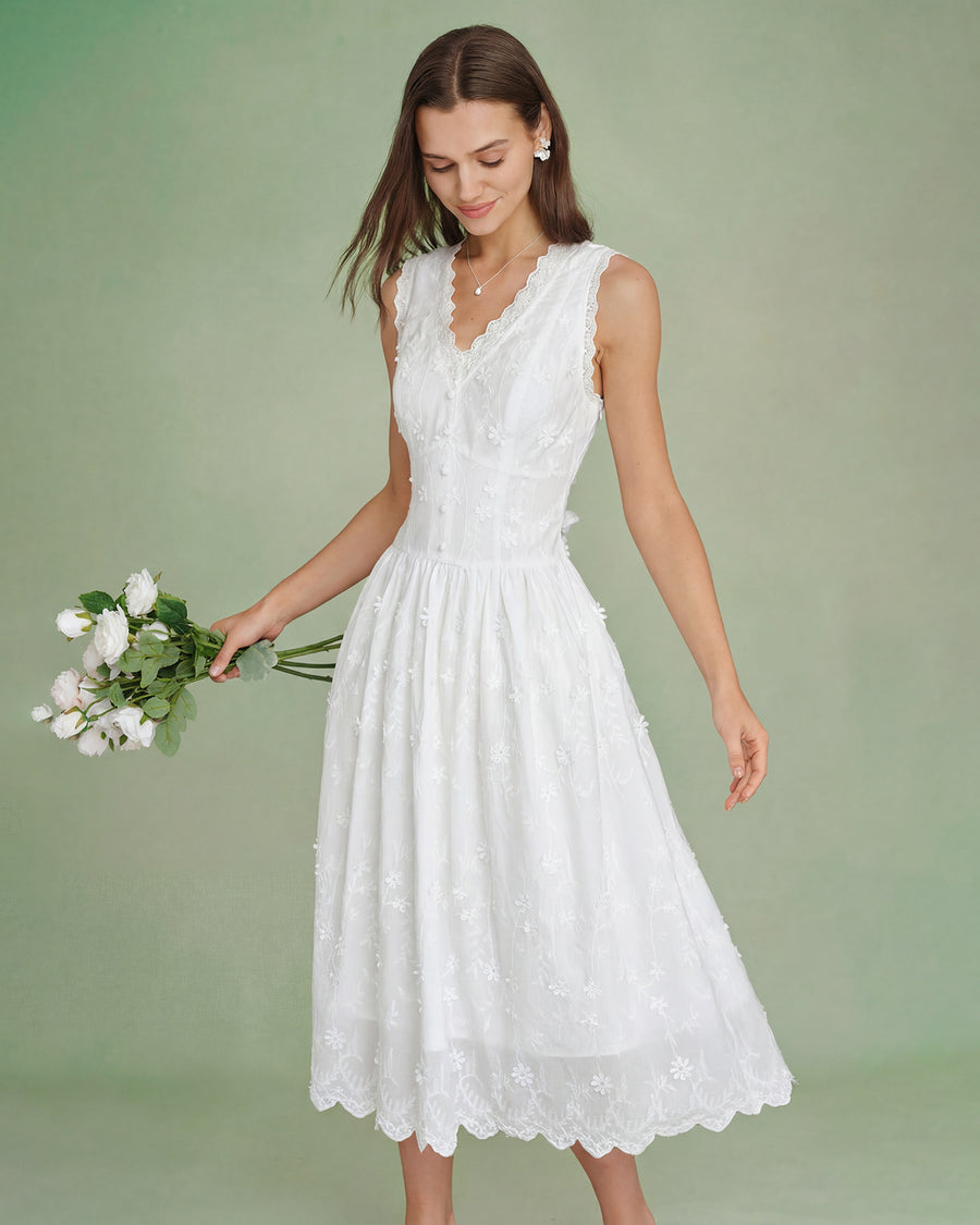 White V neck embroidered cotton midi dress for elegant resort brunch