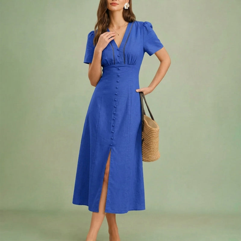 Blue V neck A-line button midi dress for lengthening the neckline