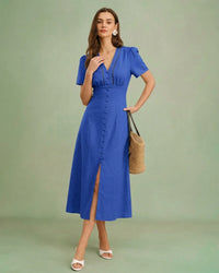 Rihoas V Neck Button Up Cotton Linen Midi Dress | Short Sleeve A-Line with Slit for Picnic, Weekend Brunch, Summer, Blue / M Rihoas V Neck Button Up Cotton Linen Midi Dress | Short Sleeve A-Line with Slit for Picnic, Weekend Brunch, Summer, Blue / M