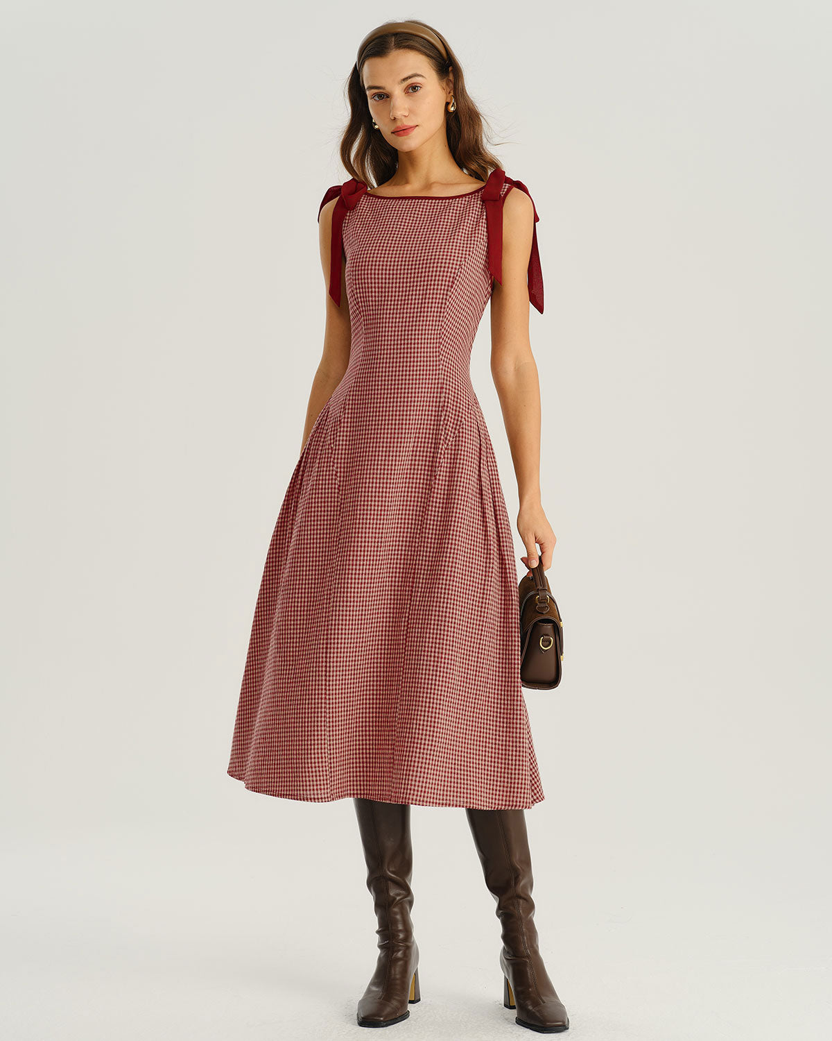 Red Gingham Tie Strap A-Line Midi Dress & Reviews - Red - Dresses | RIHOAS