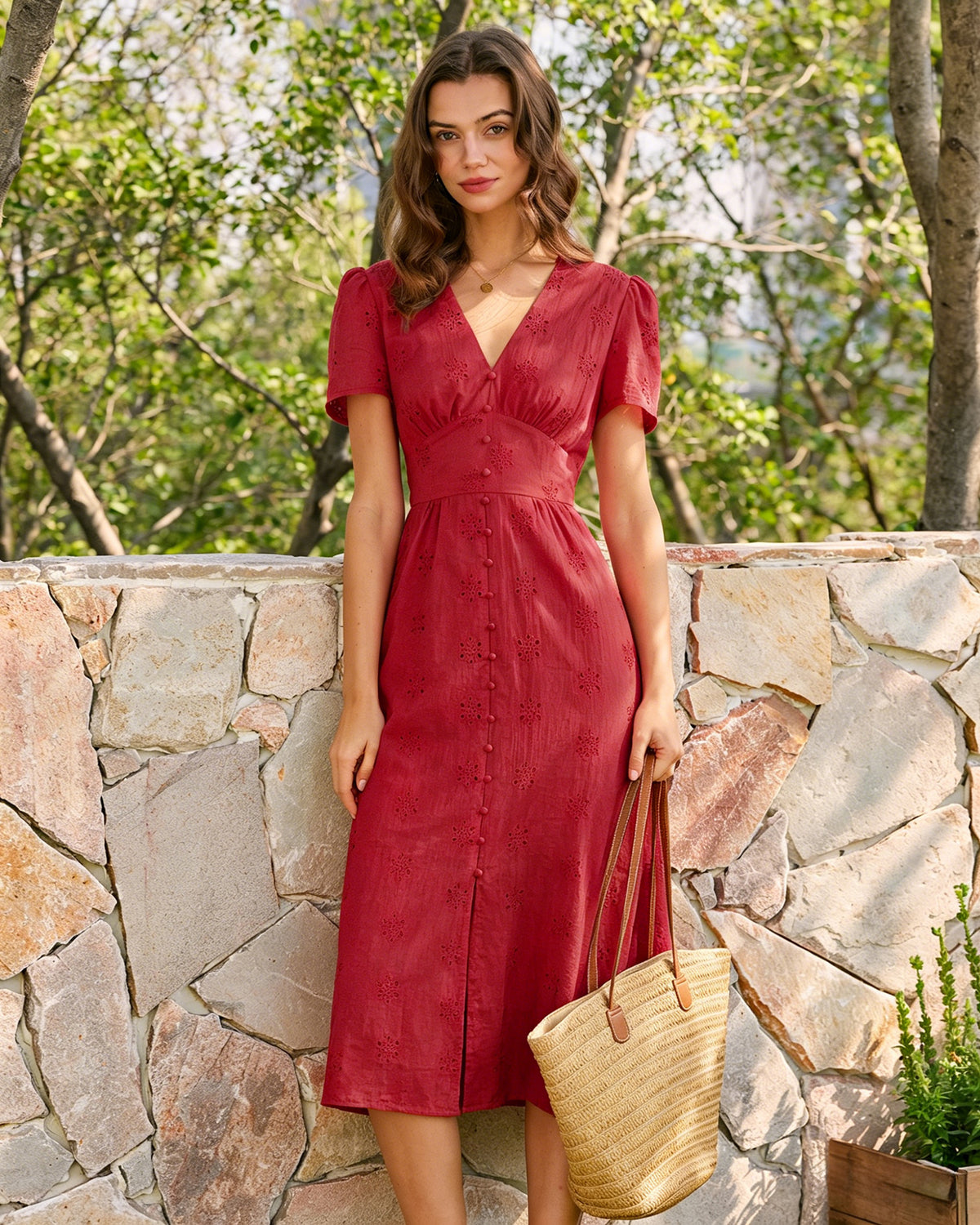 red cotton dress women V Neck Embroidery Midi shootpicks Color:LT.BLUE-BEIGE flared skirt Length Stylish Striped Cold Shoulder