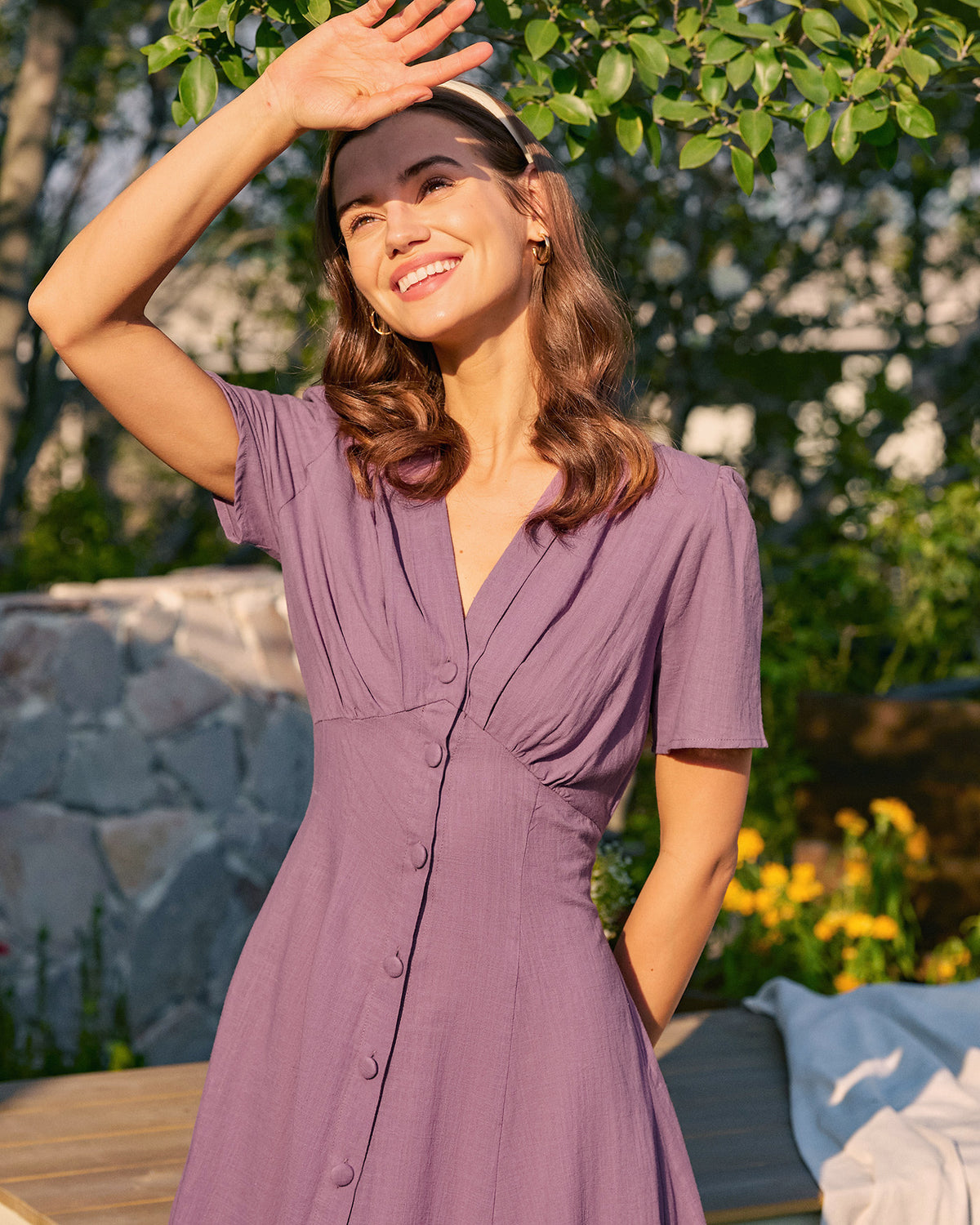 women's purple dress Rihoas Button Down Short Sleeve Cotton Midi Dress