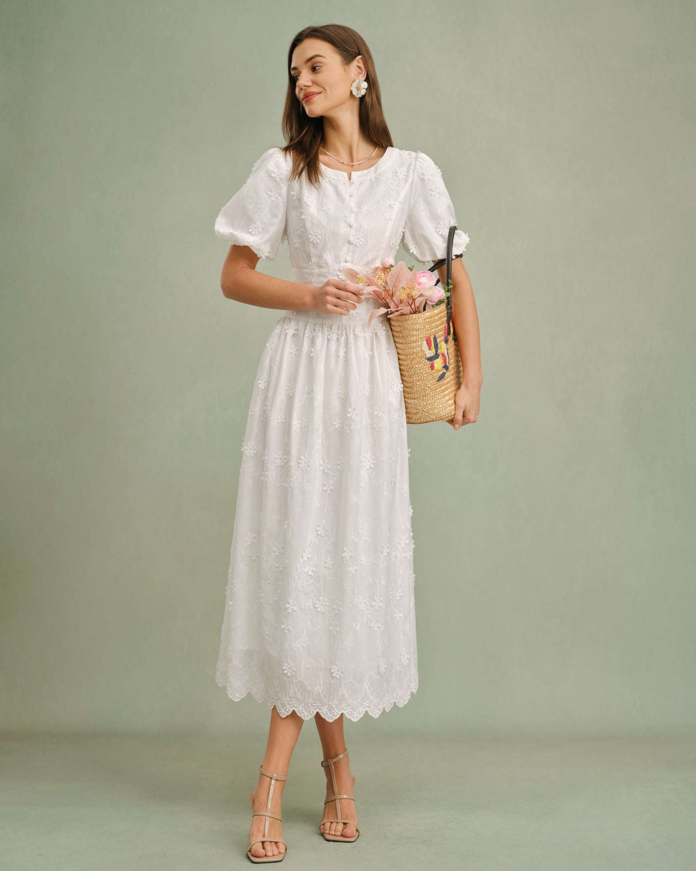 White Round Neck Floral Midi Dress & Reviews - White - Dresses White Round Neck Floral Midi Dress & Reviews - White - Dresses