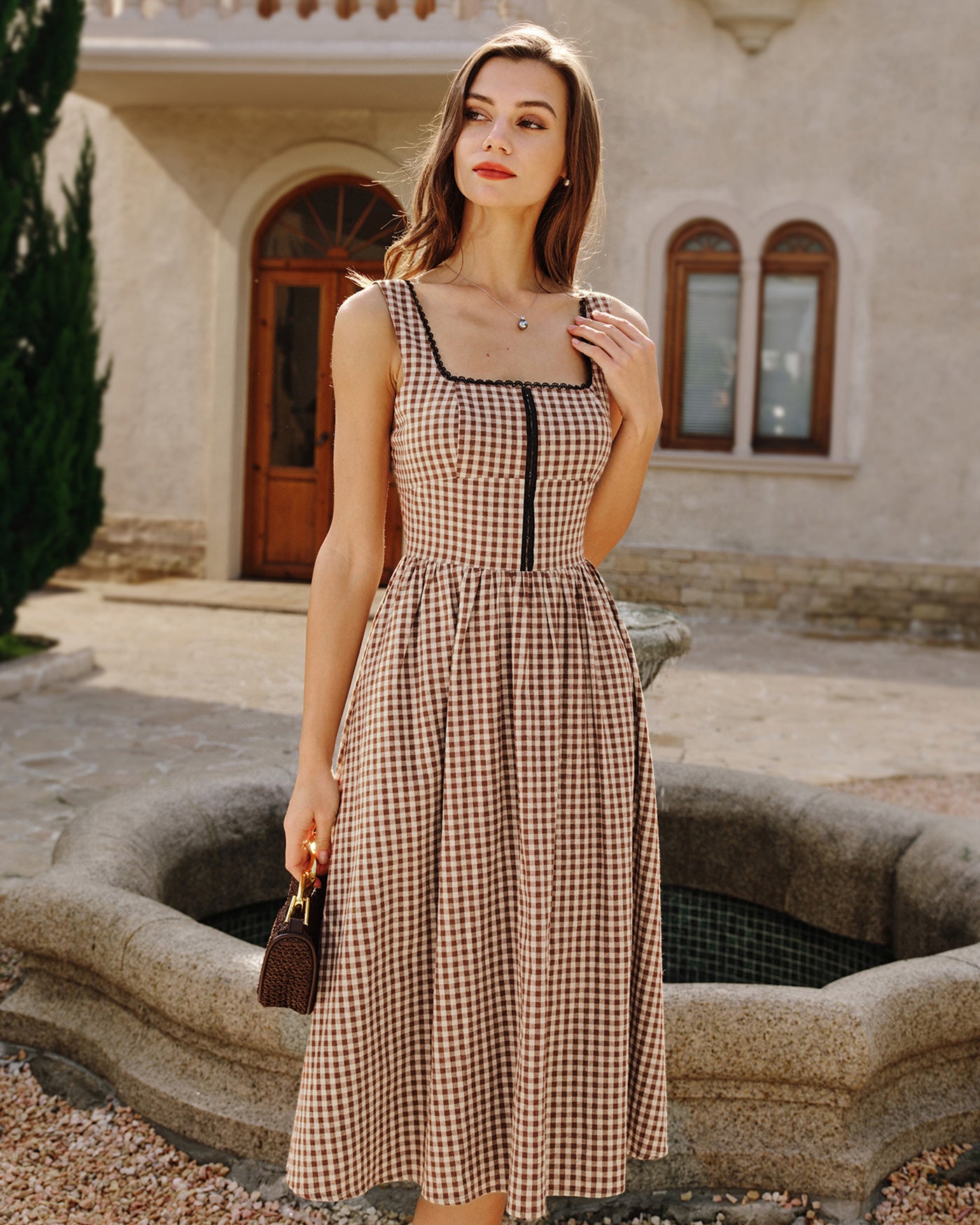 Rihoas Cotton Gingham Plaid Square Neck Midi Dress