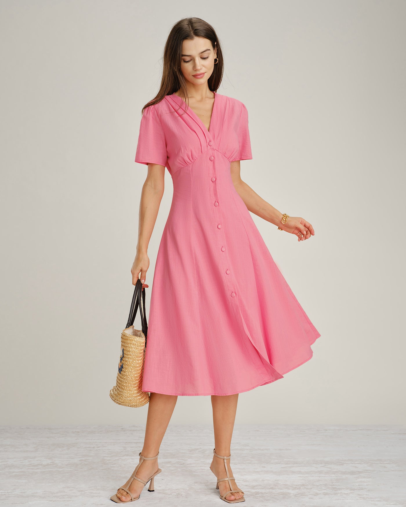 women's pink midi dress Pink V Neck Ruched Button Midi Dress