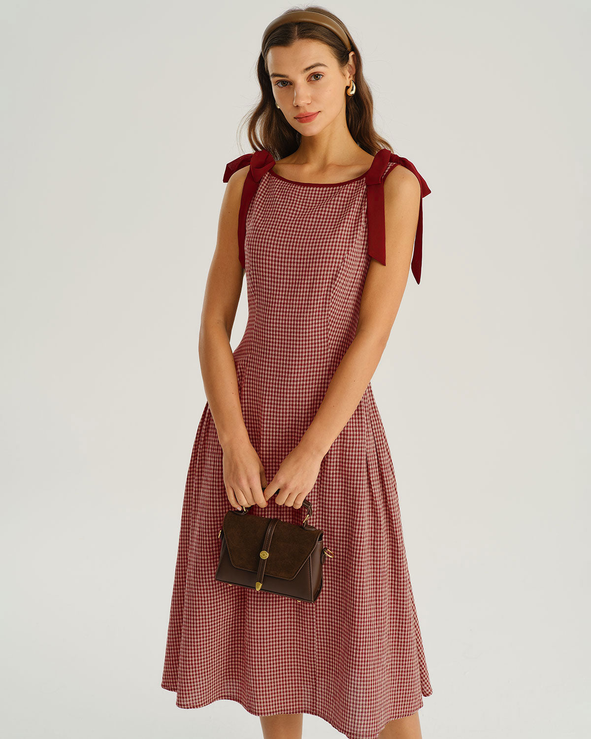 Rihoas Red Gingham Midi Dress Tie Strap Square Neck for Vacation Beach, Red / S Rihoas Red Gingham Midi Dress Tie Strap Square Neck for Vacation Beach, Red / S