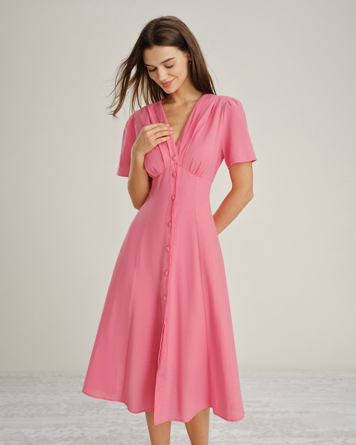 Pink V Neck Ruched Button Midi Dress