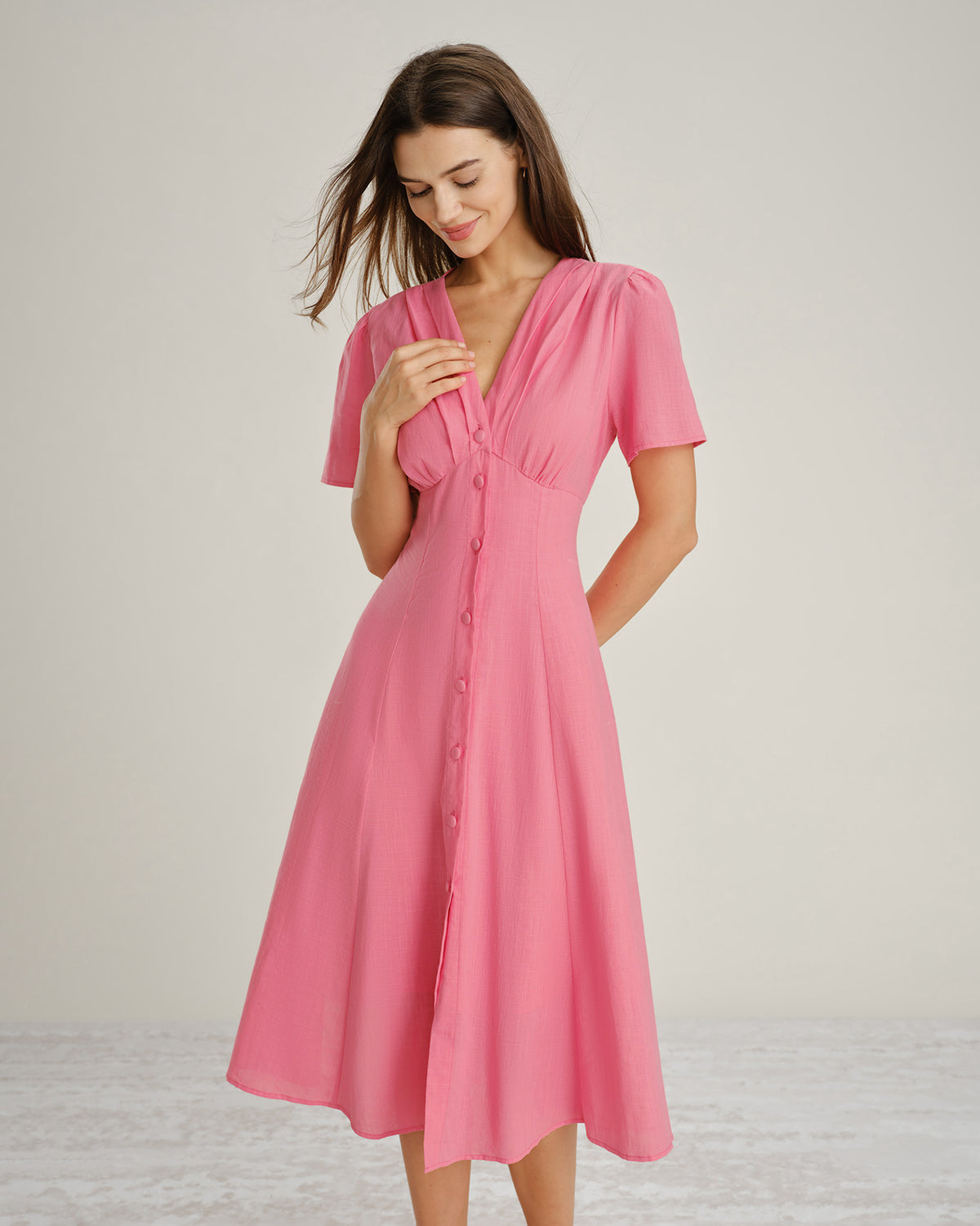 pink v neck midi dress Pink V Neck Ruched Button Midi Dress