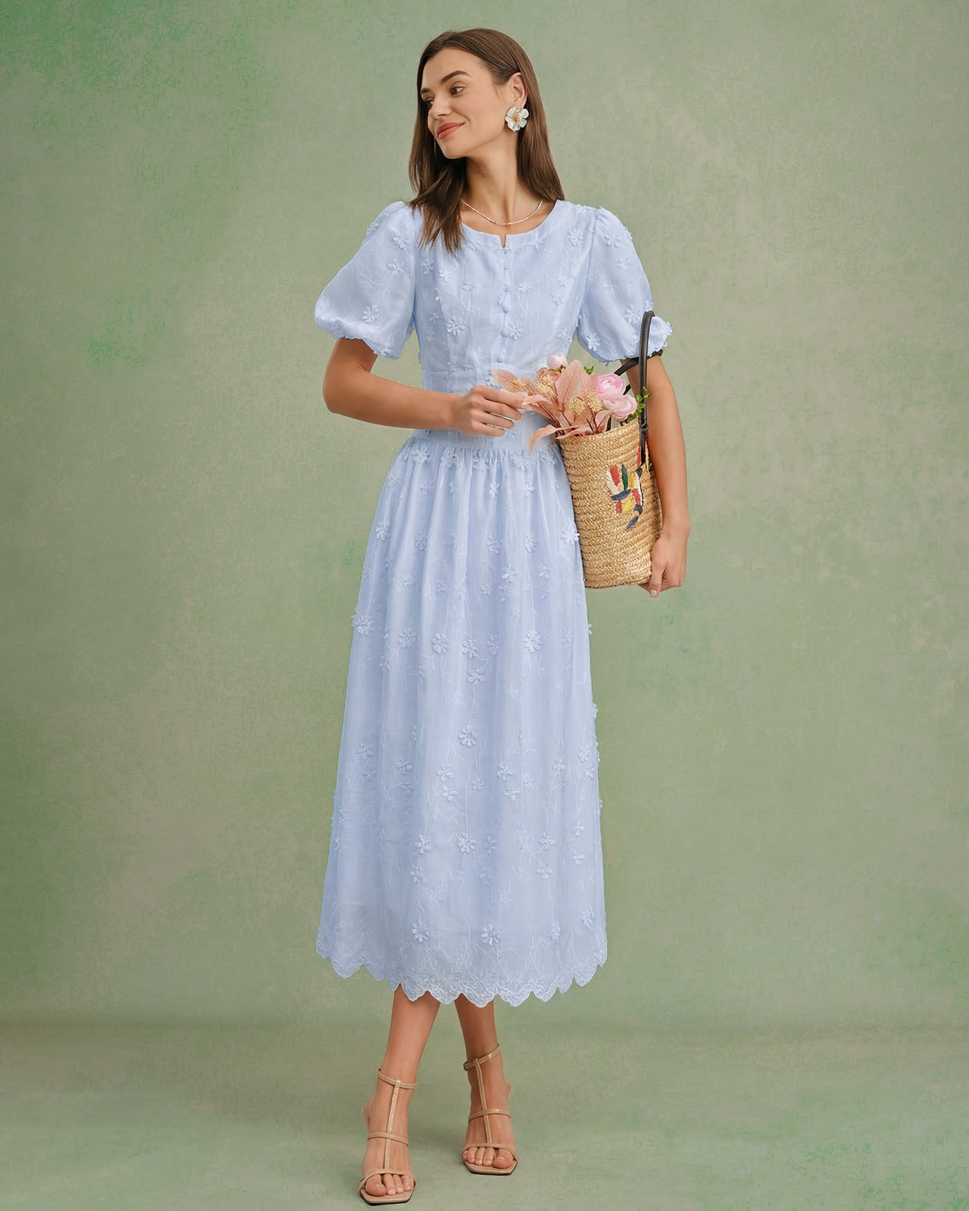Blue Floral Textured Midi Dress Blue Floral Textured Midi Dress