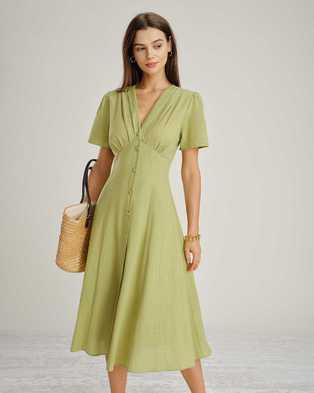 Green V Neck Button A-Line Midi Dress & Reviews - Green - Dresses Green V Neck Button A-Line Midi Dress & Reviews - Green - Dresses