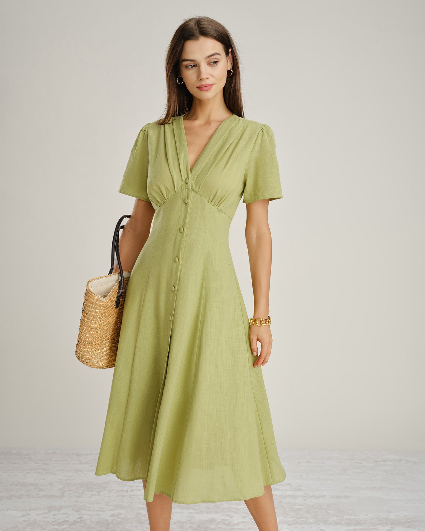 Green V Neck Button A-Line Midi Dress & Reviews - Green - Dresses