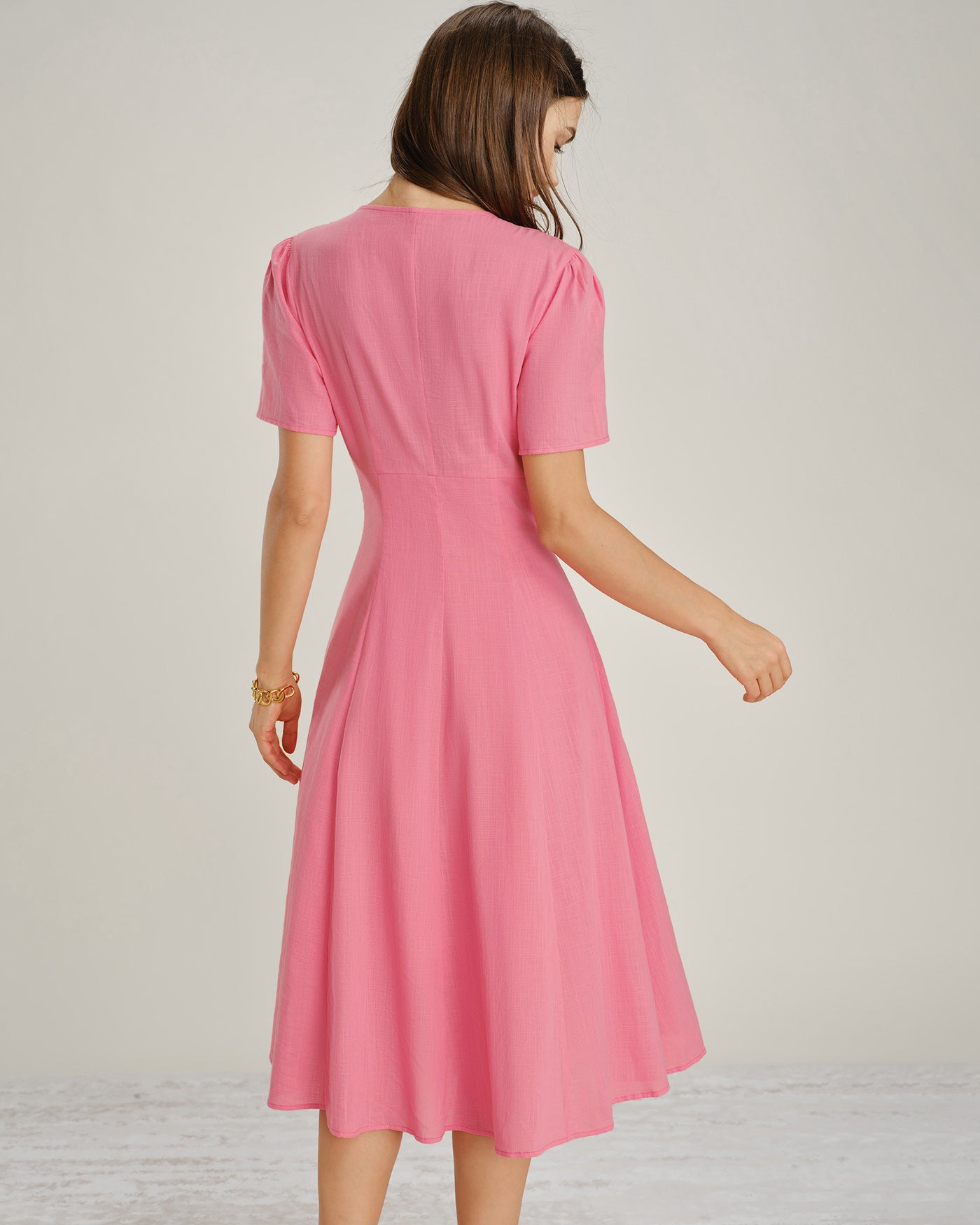 women's pink midi dress Pink V Neck Ruched Button Midi Dress