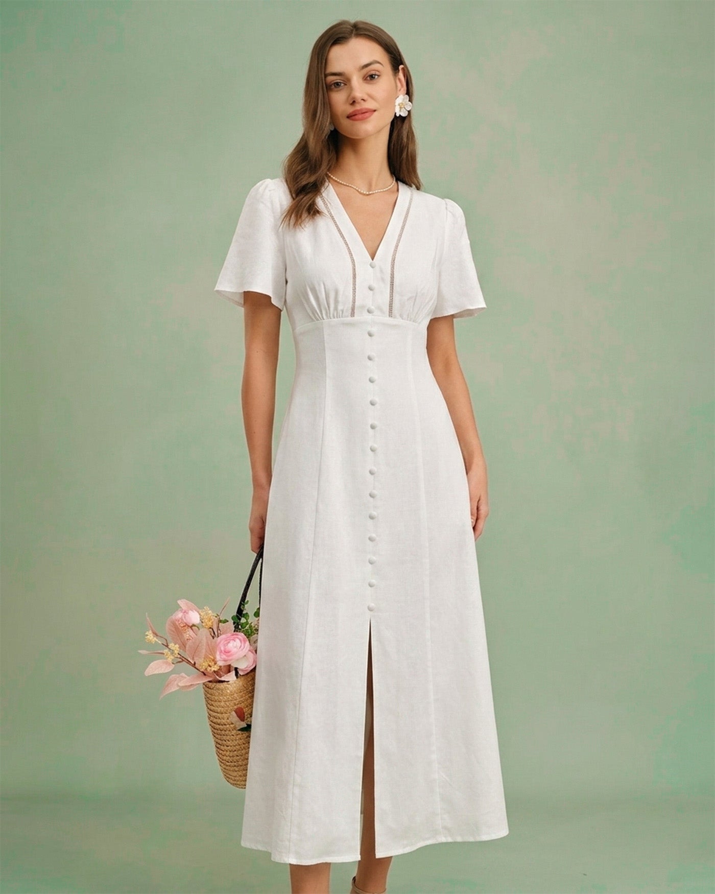 Rihoas Cotton Linen Button Front V Neck Midi Dress | A-Line Short Sleeve with Slit for Vacation, Daily Wear, Weekend Brunch, White / M Rihoas Cotton Linen Button Front V Neck Midi Dress | A-Line Short Sleeve with Slit for Vacation, Daily Wear, Weekend Brunch, White / M