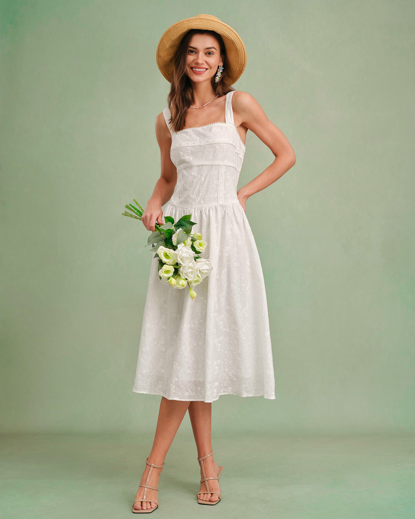 Rihoas Textured Cotton Square Neck Midi Dress | A-Line Slip Style for Graduation, Daily Wear, Summer Vacation, White / XL Rihoas Textured Cotton Square Neck Midi Dress | A-Line Slip Style for Graduation, Daily Wear, Summer Vacation, White / XL