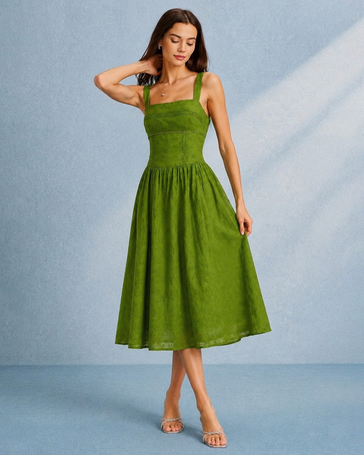 Rihoas Textured Eyelet Cotton Slip Midi Dress with a Lace-Trimmed Square Neck, Green / XS