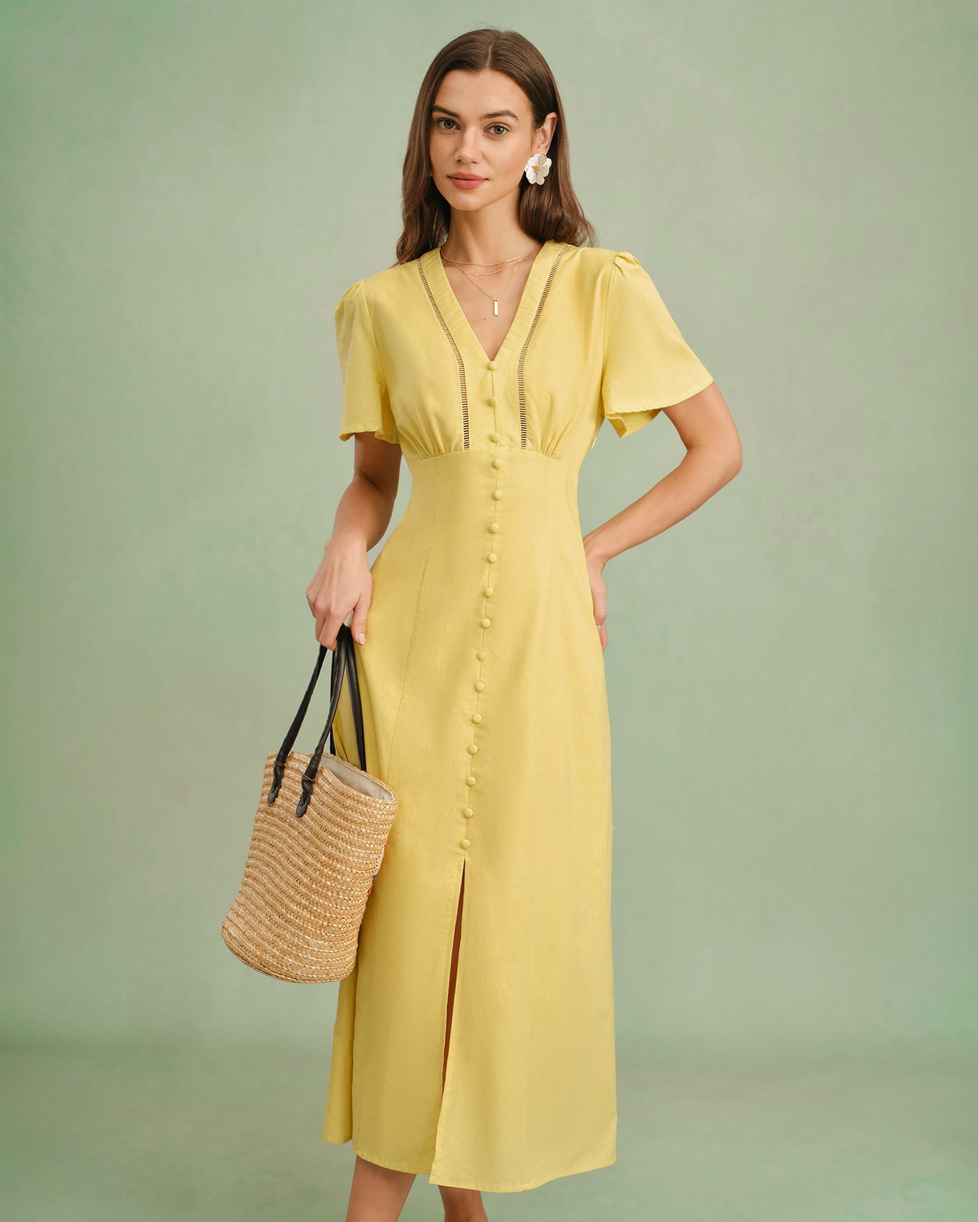 Yellow V Neck Button Midi Dress Yellow V Neck Button Midi Dress