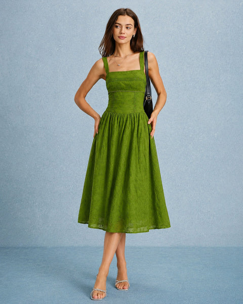 Rihoas Textured Eyelet Cotton Slip Midi Dress with a Lace-Trimmed Square Neck, Green / XS