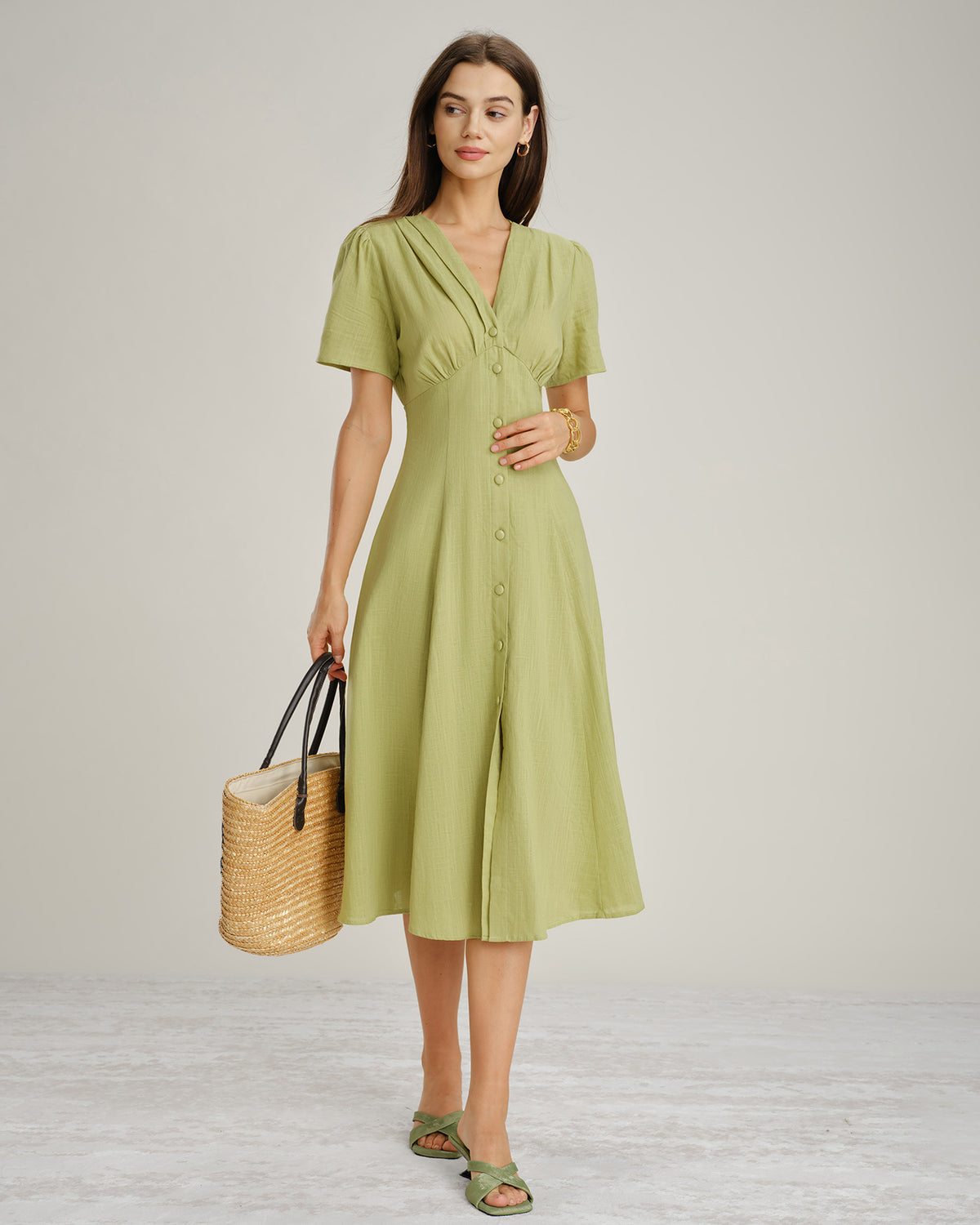 Green V Neck Button A-Line Midi Dress & Reviews - Green - Dresses