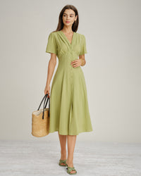 Women's Woven Cotton Midi Dress Green Dresses - RIHOAS