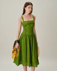 Women's Woven Cotton Midi Dress Green Dresses - RIHOAS