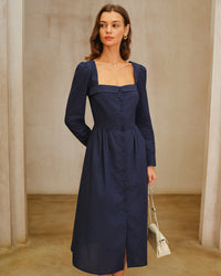 Women's Woven Cotton Midi Dress Navy Dresses - RIHOAS
