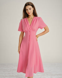 Women's Woven Cotton Midi Dress Pink Dresses - RIHOAS