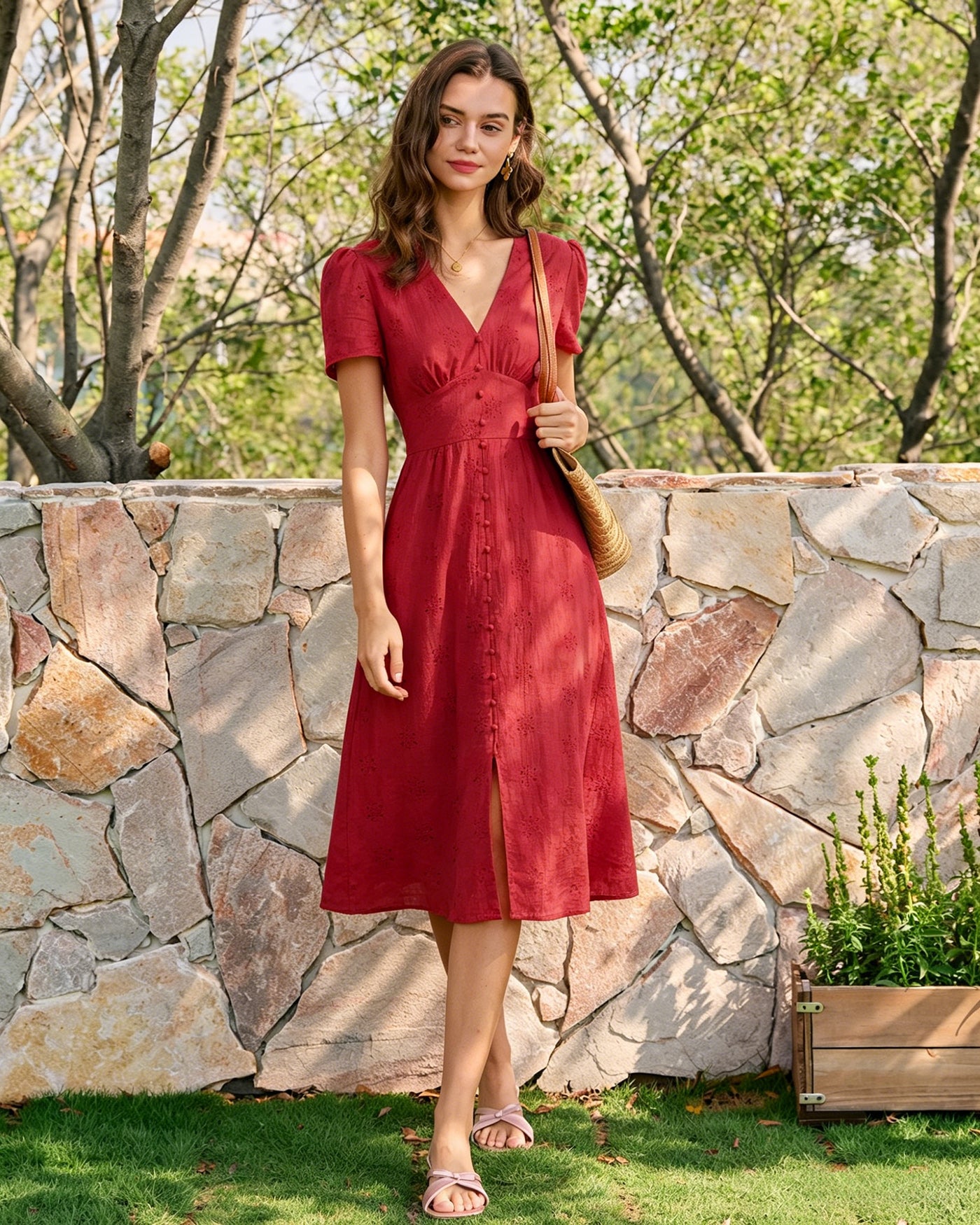midi red dresses for women Red V Neck Embroidery Midi Dress