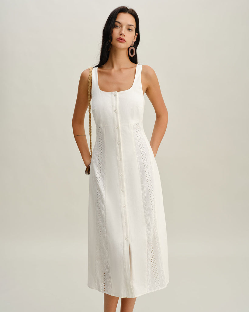 Women's Woven Cotton Midi Dress White Dresses - RIHOAS