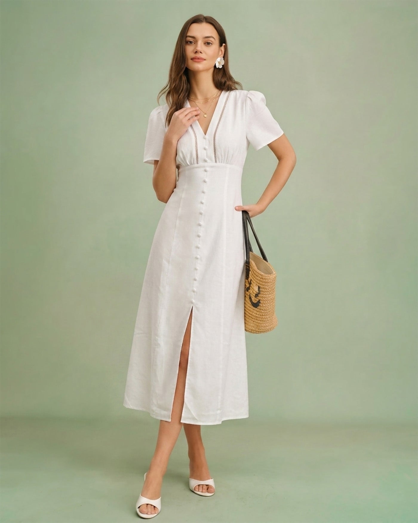 Rihoas Cotton Linen Button Front V Neck Midi Dress | A-Line Short Sleeve with Slit for Vacation, Daily Wear, Weekend Brunch, White / M Rihoas Cotton Linen Button Front V Neck Midi Dress | A-Line Short Sleeve with Slit for Vacation, Daily Wear, Weekend Brunch, White / M