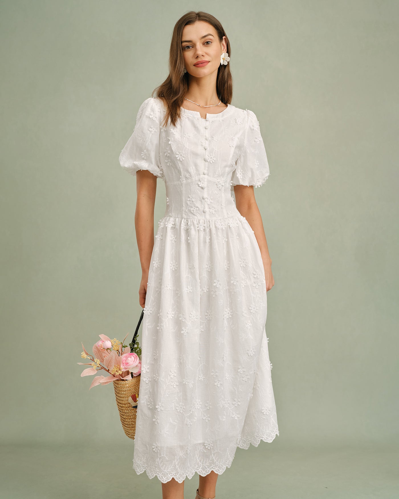 White Round Neck Floral Midi Dress & Reviews - White - Dresses | RIHOAS White Round Neck Floral Midi Dress & Reviews - White - Dresses | RIHOAS