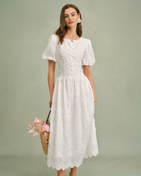 Women's Woven Cotton Midi Dress White Dresses - RIHOAS