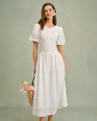 Women's Woven Cotton Midi Dress White Dresses - RIHOAS